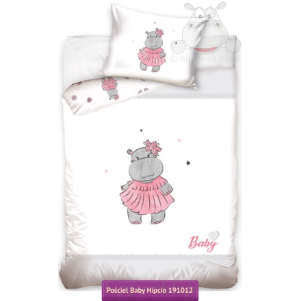Baby Bedding hippo in pink dress 100x135. white