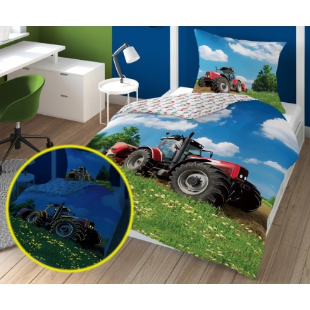 Glow-in-the-dark bedding set with tractor, 135x200 or 140x160 cm