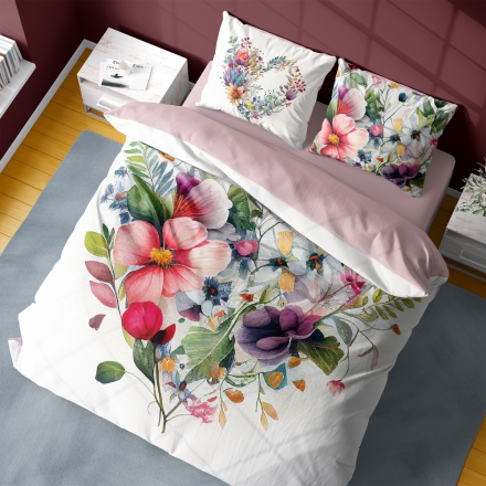 Bed linen with a colorful bouquet of wild flowers