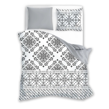 White bedding with a geometric floral arabesque motif