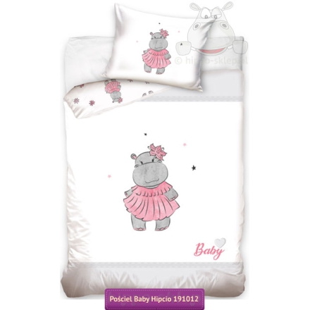 Baby Bedding hippo in pink dress 100x135. white