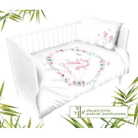 White bamboo bedding with a unicorn 90x120 cm