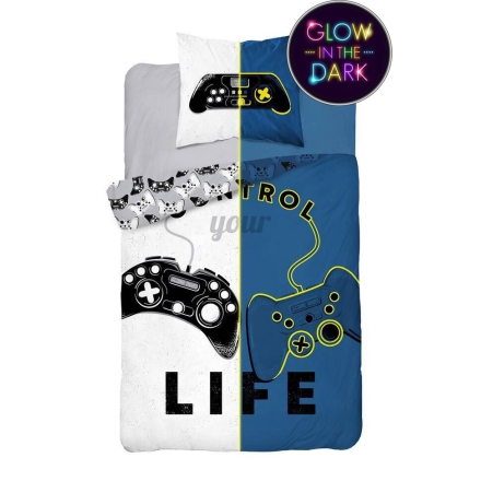 Glowing bed linen with game pad in white and gray 160x200