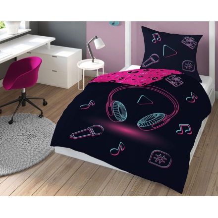 Musical theme girls bed linen in black and pink colors, 135x200 or 140x180 cm