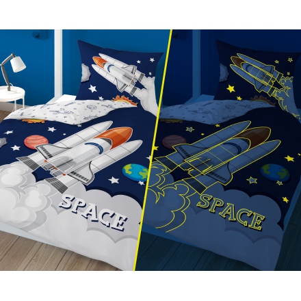 Glowing bedding with spaceship rocket in space 120x160 and 140x160