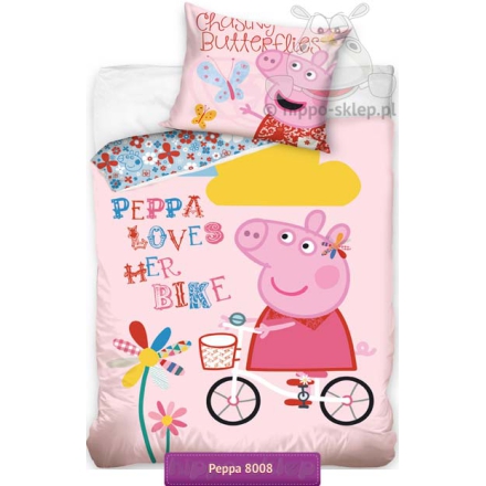 Peppa Pig on bike bed set 140x200 or 150x200, pink