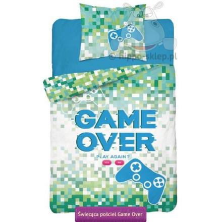 Glow in the dark Game Over bedding set 140x200, 150x200, green-blue 