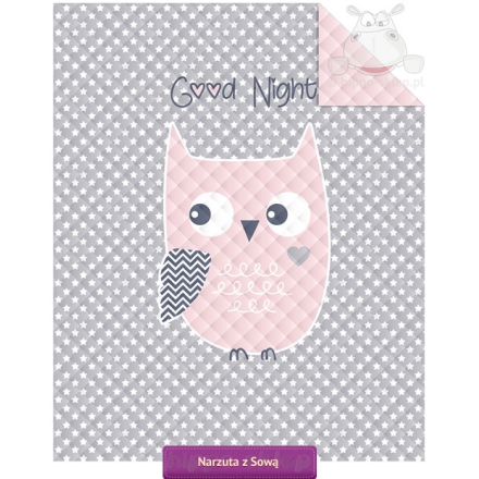 Quilted kids bedspread with owl 170x210, pink-gray