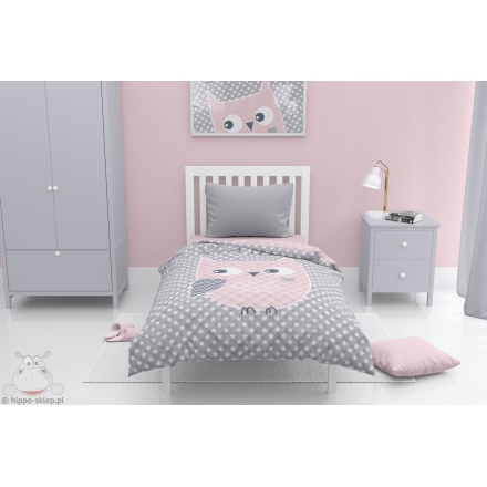 Gray-pink kids bed cover with owl for girls