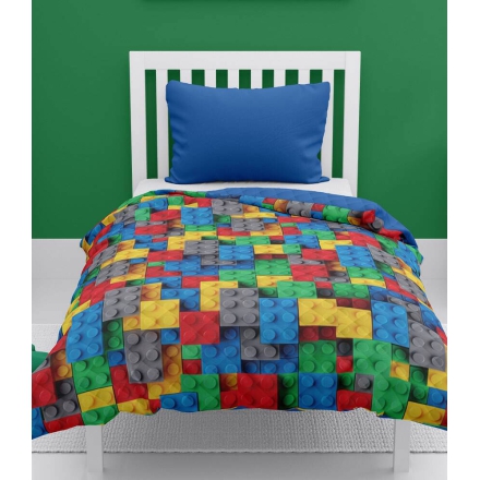 Colorful bedspread with a lego bricks mosaic