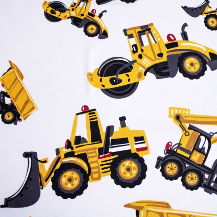 Bed sheet with printed design of construction vehicles for a boy