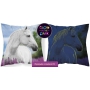 A small square pillowcase with a horse glowing in the dark