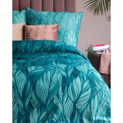 Emerald satin bedding with exotic leaves