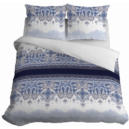 Delicate cotton satin white & blue bed linen 180x200