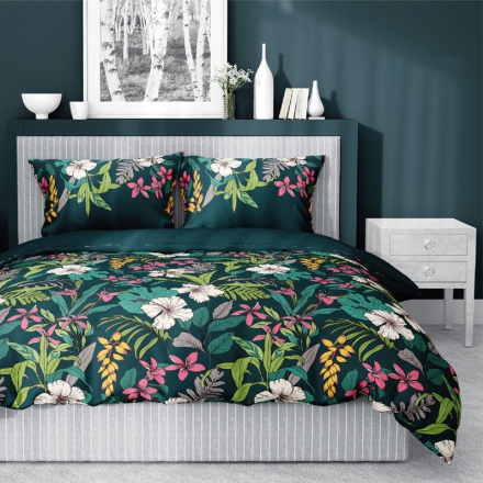 Satin bedding with exotic plant and flowers 180x200, 200x200, malachite