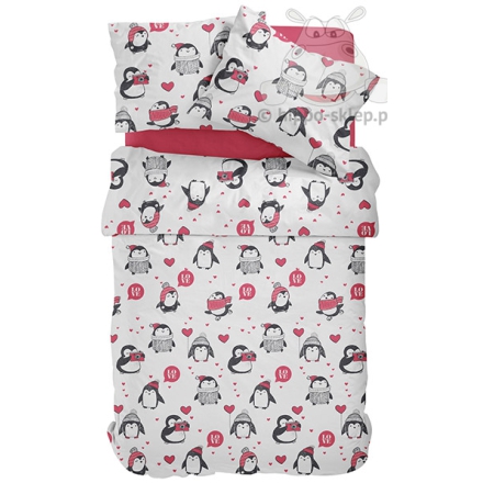 Bedding set with hearts and penguins 140x200 + 2x 70x80